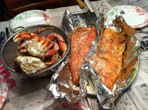 Alaska crab legs and Salmon